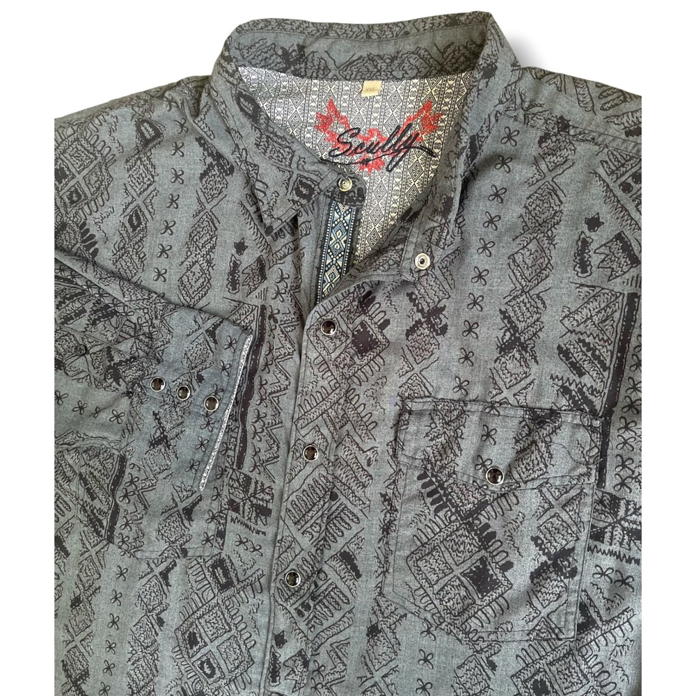 Scully Mens XXL Western Snap Shirt Charcoal Gray Tribal Geometric Print Long Slv